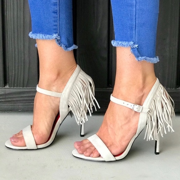 Anthropologie Shoes - NIB Sassy Fringe Red Insole Nude Suede Heel Sandal